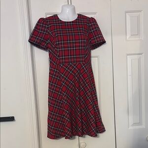 Draper James Red and Blue Pleated Puff Sleeve Midi Dress